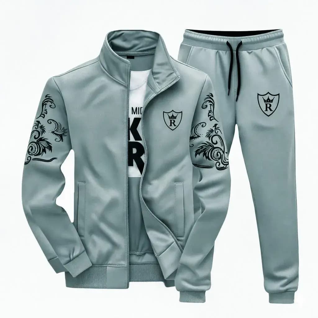 2 Pcs Men's Fleece Printed Zipper Track Suit